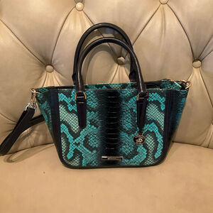 Brahmin Teal Blue Snakeskin Embossed Leather Satchel Crossbody Bag